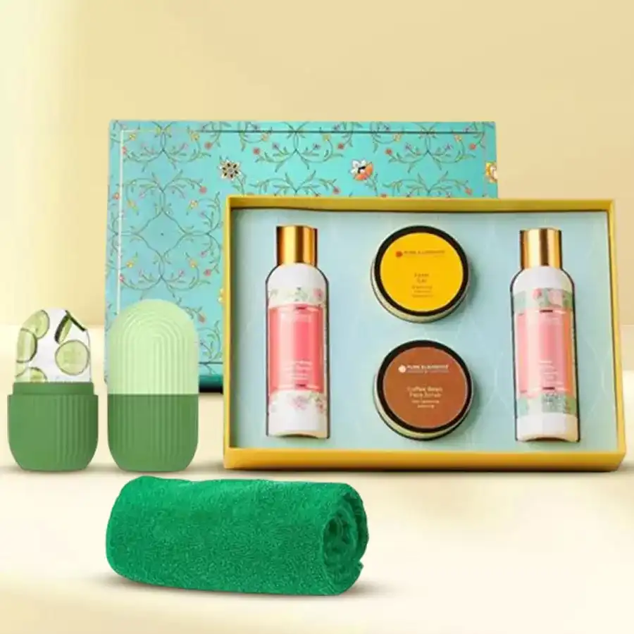 Special Daily Routine Care Hamper featuring Coffee Beans Face Scrub, Kesar Face Gel, Rose & Honey Cleanser, Indian Rose Toner, Face Ice Roller, and a soft face towel.