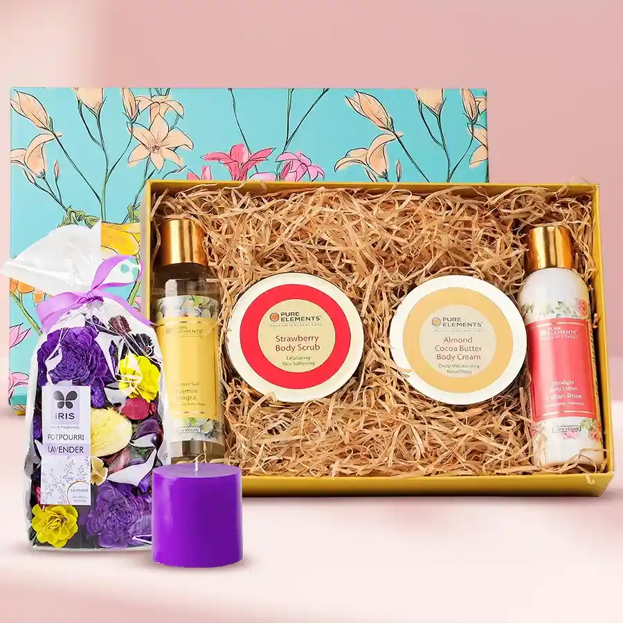 Classic Bath and Body Care Gift Set including body cream, skin polishing scrub, shower gel, moisturizing lotion, pillar candle, and potpourri displayed elegantly.