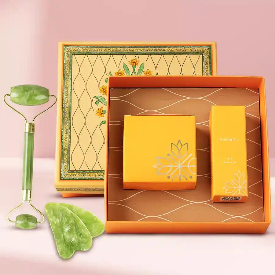 Marvelous Skin Care Gift Box featuring Radiance Skin Lightening Vitamin C Nourishing Cream, Face Serum, Jade Roller, and Gua Sha set