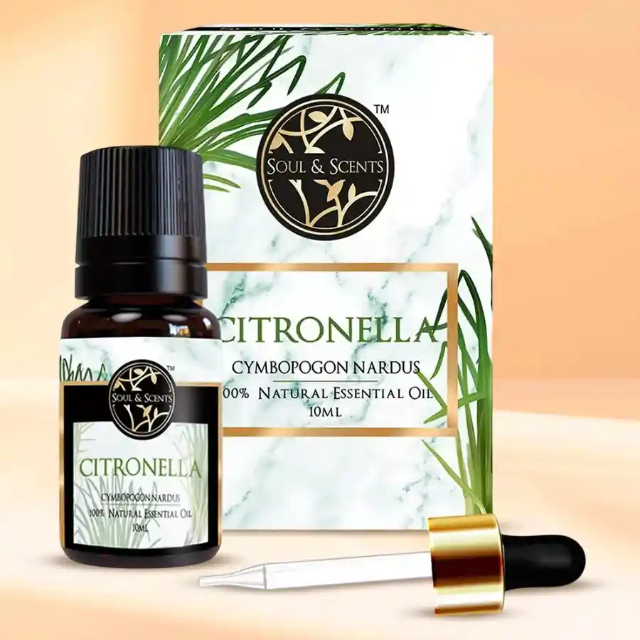 Soothing Citronella Essential Oil 10ml bottle with a fresh and uplifting aroma against a calming background