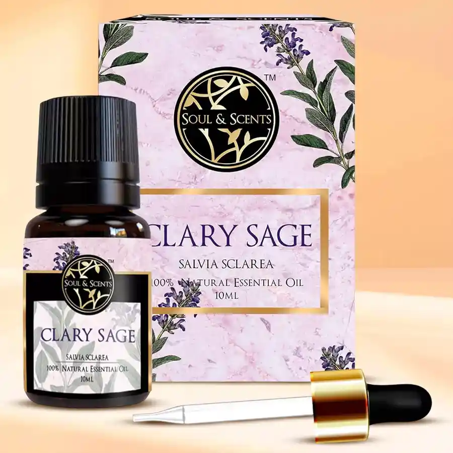 Bottle of Scent of Serenity Clary Sage Essential Oil with a fresh and uplifting blend of clary sage, citrus oils, and citronella, surrounded by serene natural elements.