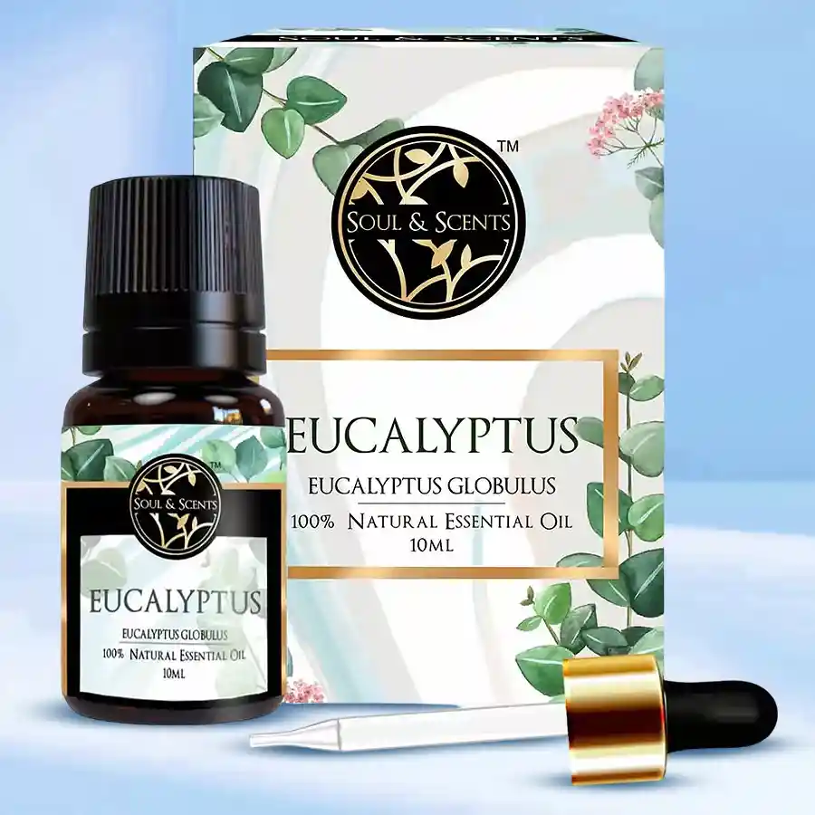 Bottle of Eucalyptus Essential Oil with fresh green leaves in the background