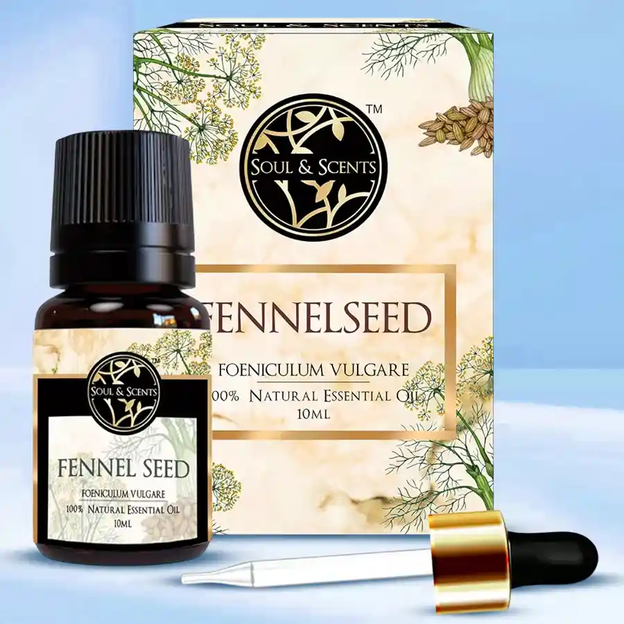 Bottle of Revitalizing Fennel Seed Essential Oil with anise-like aroma on a wooden background
