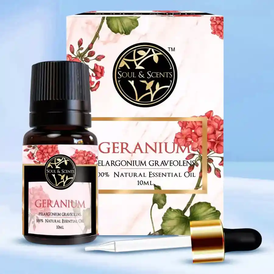 Bottle of Exclusive Geranium Essential Oil with a floral background