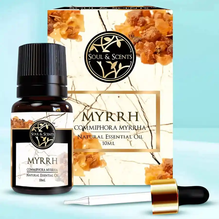 Calming Myrrh Essential Oil bottle with calming herbal background