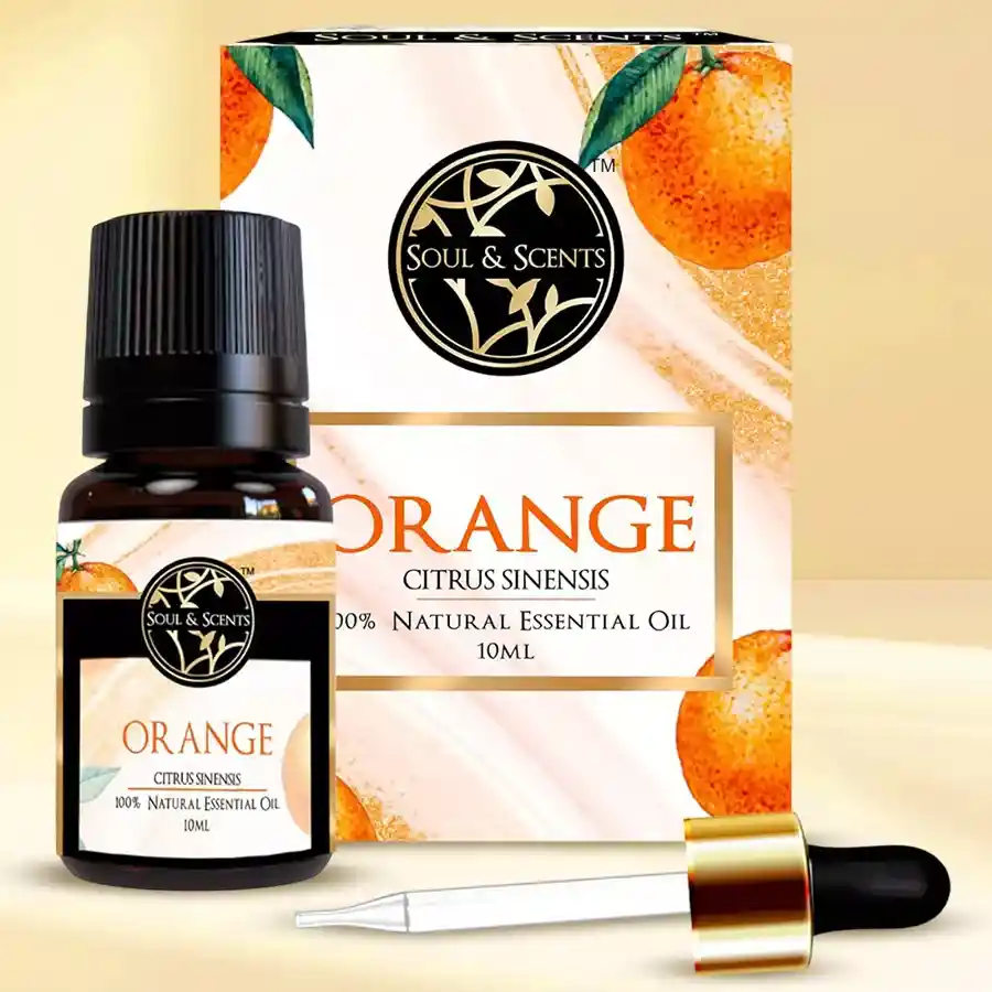 Bottle of Refreshing Orange Essential Oil with a vibrant citrus design and a fresh orange background.