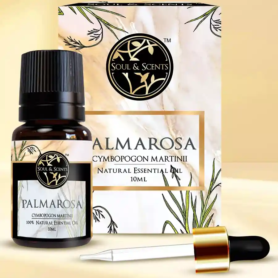 Luxurious Palmarosa Essential Oil 10ml bottle with a floral background