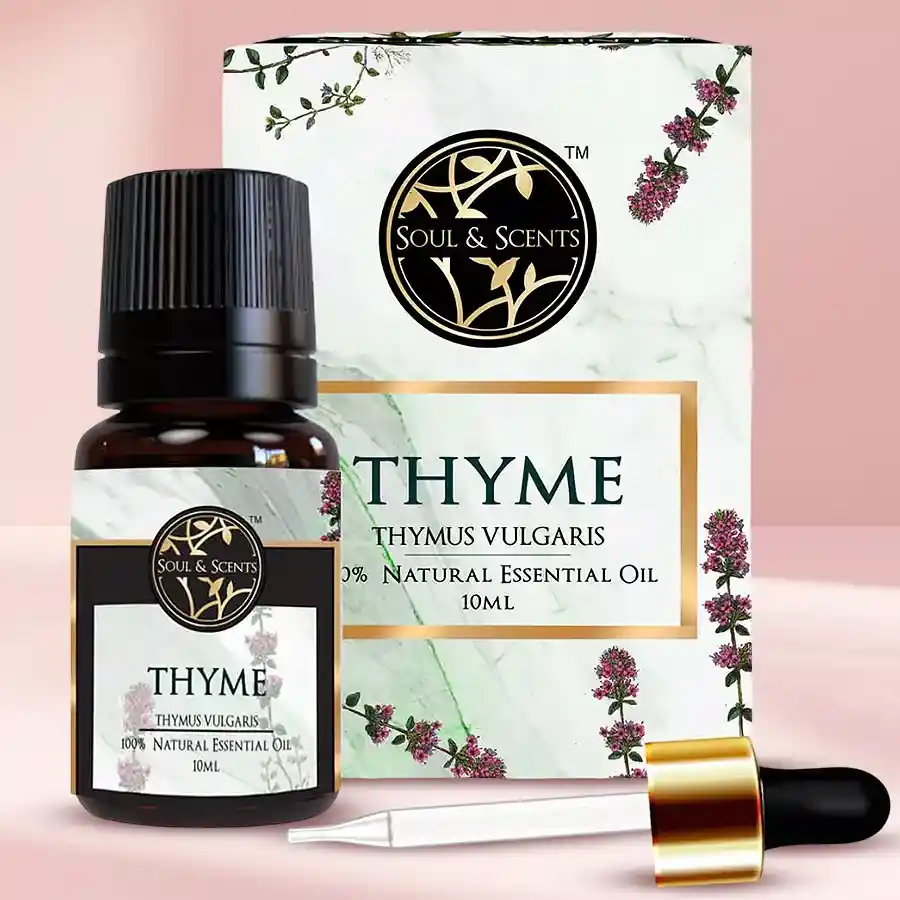 Natures Essence Thyme Essential Oil bottle with a sprig of thyme and calming background