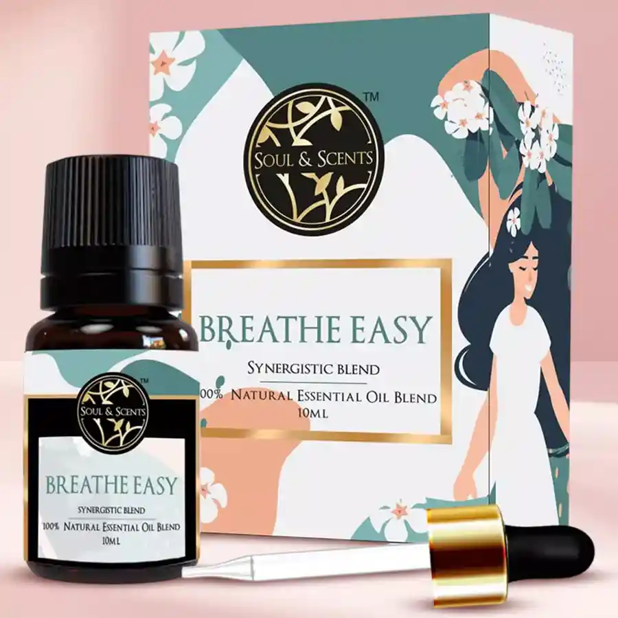 Sweet Serenity Breathe Easy Essential Oil bottle with a dropper on a soothing background