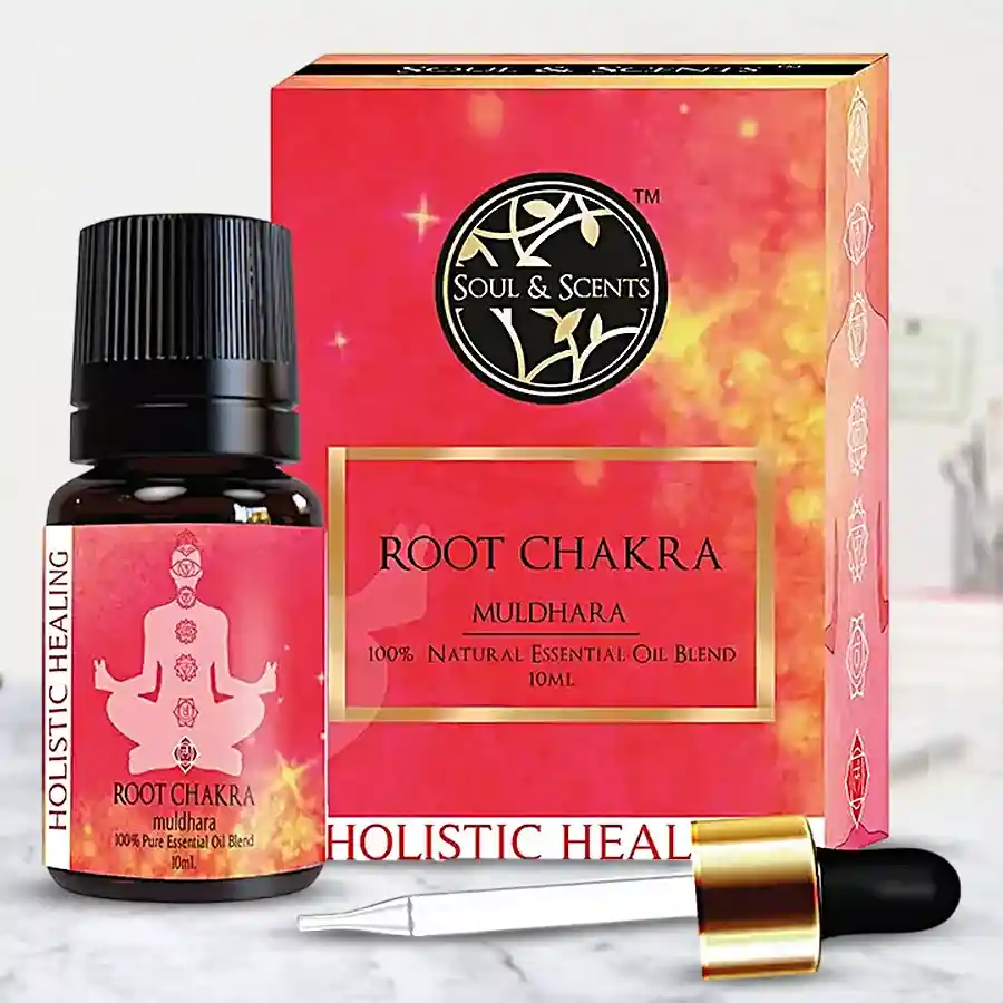 Outstanding Root Chakra Essential Oil bottle with earthy background and chakra symbols