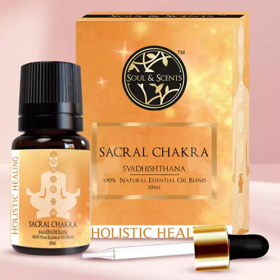 Outstanding Sacral Chakra Essential Oil bottle with a calming design, showcasing its 10ml size and chakra-themed labeling.
