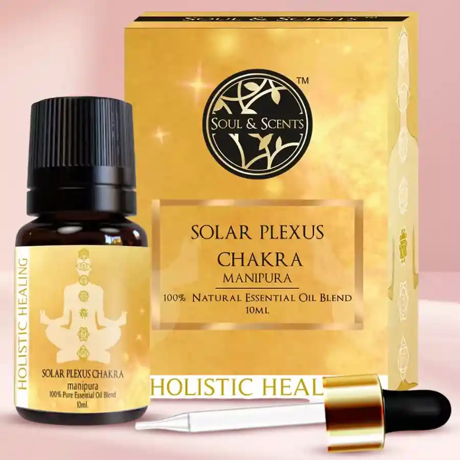 Blissful Solar Plexus Chakra Essential Oil 10ml bottle with a bright yellow label and a background of glowing light symbolizing empowerment and confidence
