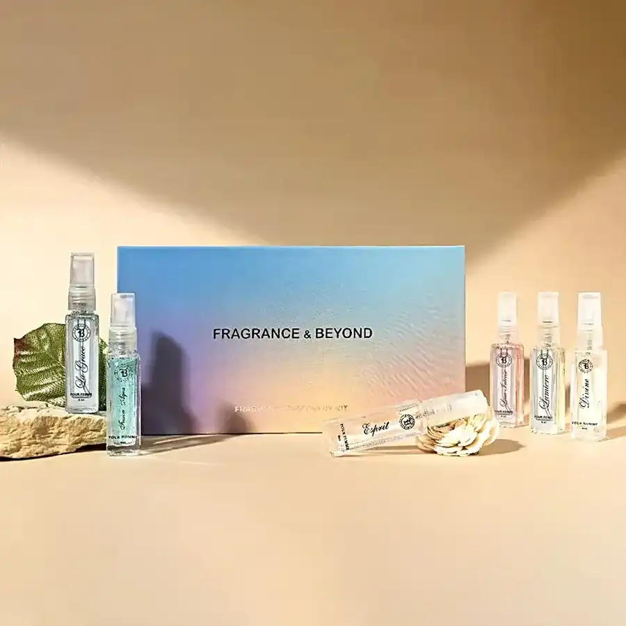 Essence of Joy Gift Hamper featuring six 8ml Eau De Parfums in elegant packaging