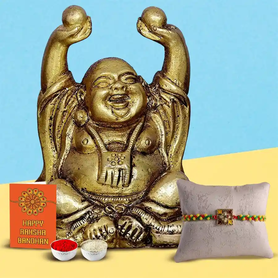 Mettallic Laughing Buddha with a Free Rakhi