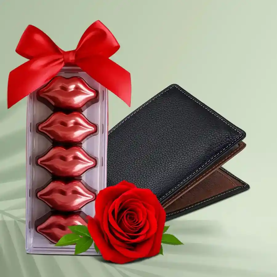 Fancy mens Leather Wallet with Velvet Rose and 5 pcs Lip Shaped Chocolates
