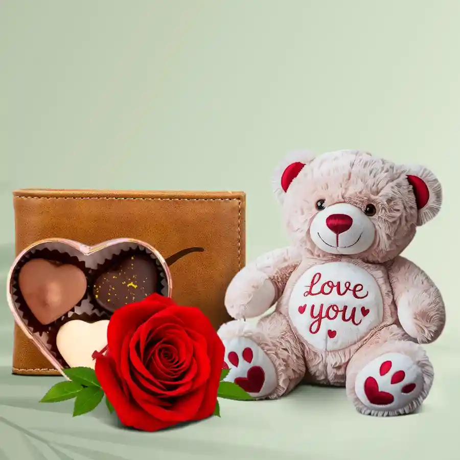 Exquisite Pure Leather Gents Wallet from Longhorn with 3 pcs Heart Shape Chocolate & I Love You Singing Teddy with Free Velvet Rose