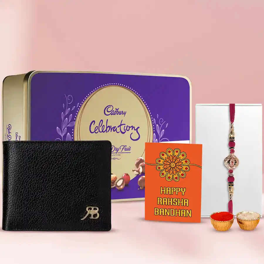 Stylish Black Leather Wallet with a Cadbury Rich Dry Fruits Chocolate