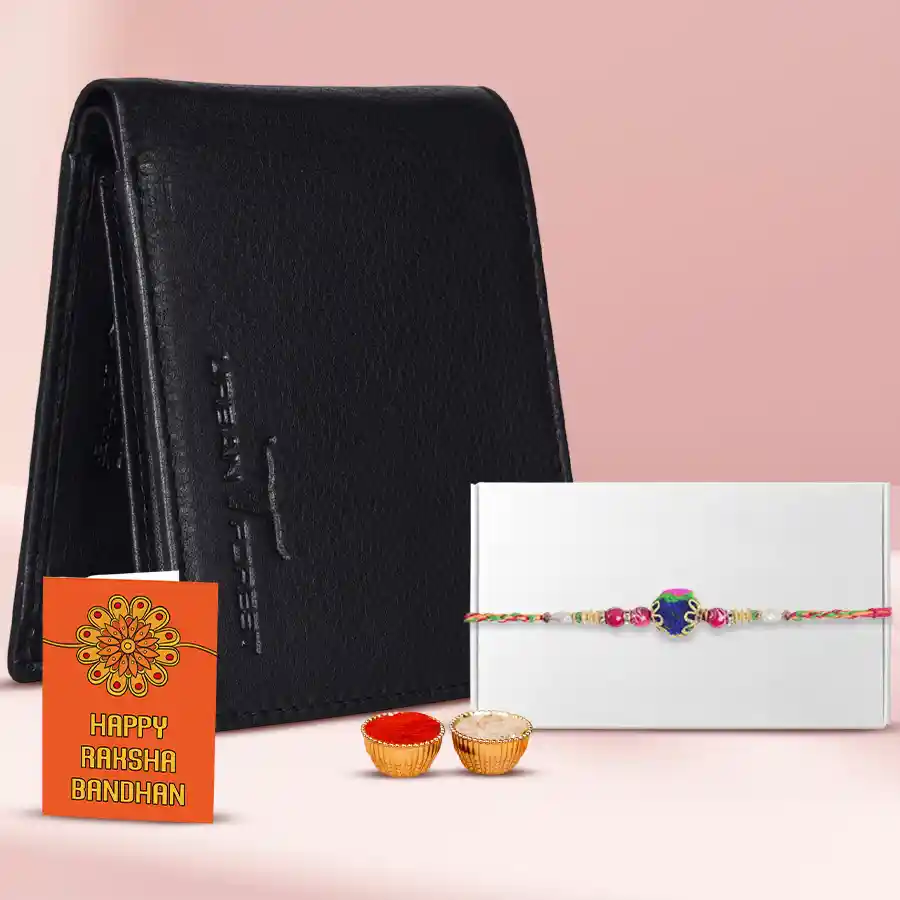Leather Wallet with a Free Rakhi Roli Tilak and Chawal