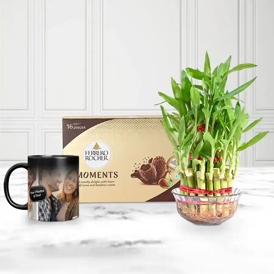 Personalized Photo Magic Mug with Ferrero Rocher n Lucky Bamboo