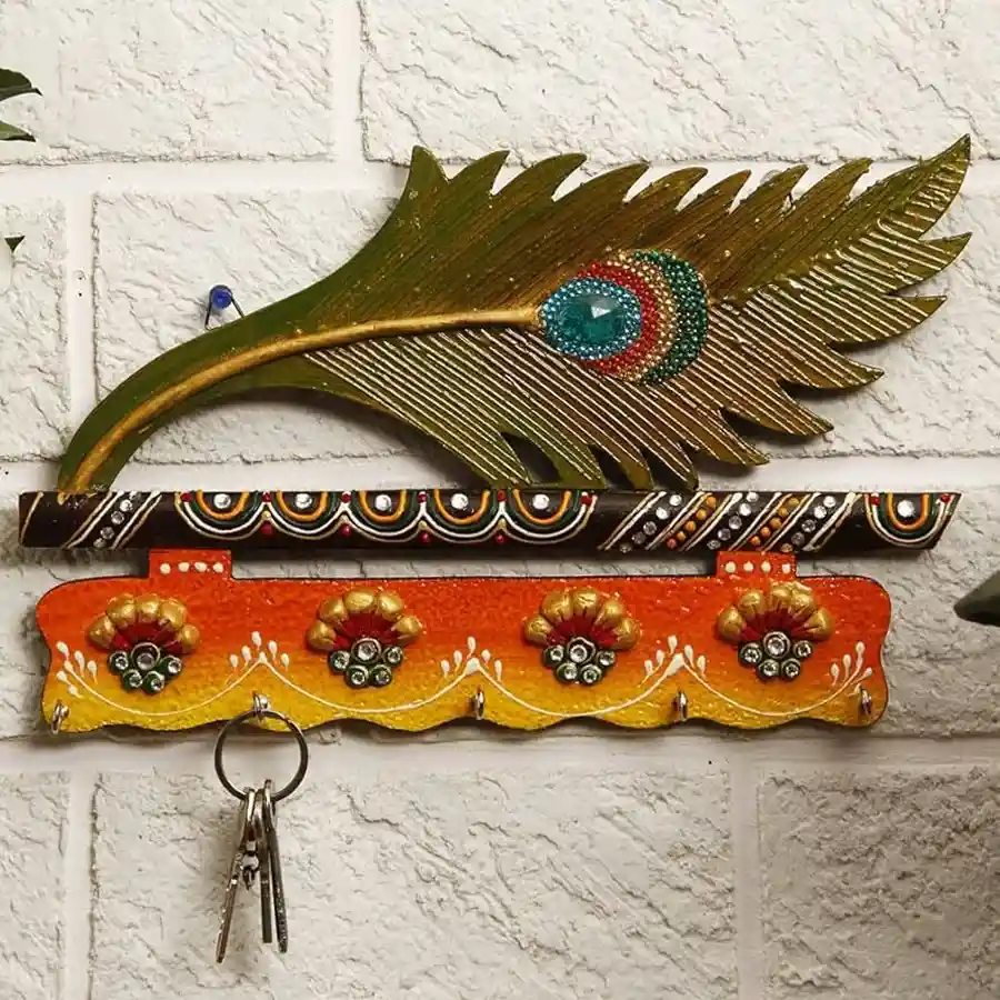 Charming Mayur Pankh Styled Wooden Key Holder