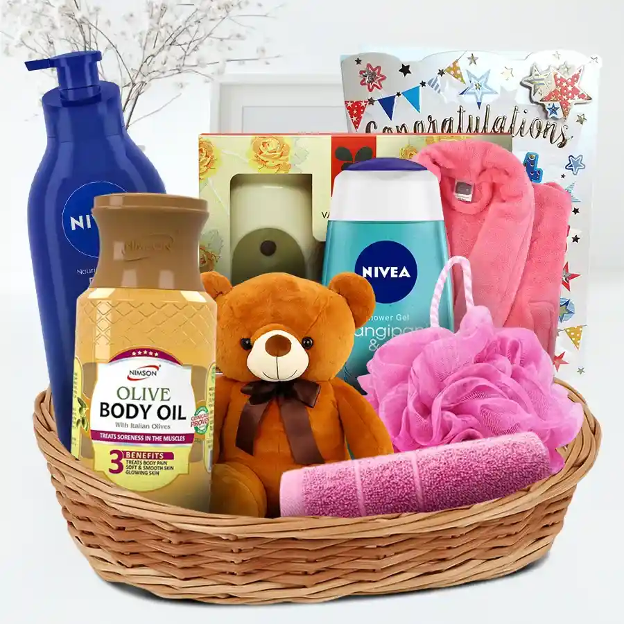 Fancy Little Luxury Gift Basket with Teddy Bear