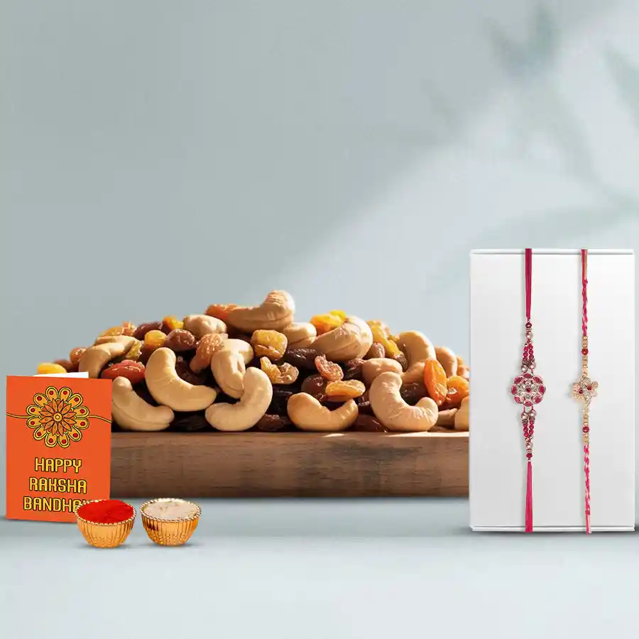 Trendy Stone Rakhi Pair with Cashew n Raisins