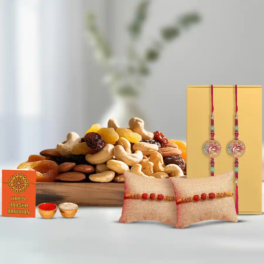 Splendid Set of Ganesh n Rudraksh Rakhi with Dry Fruits n Ganesh Laxmi Mandap