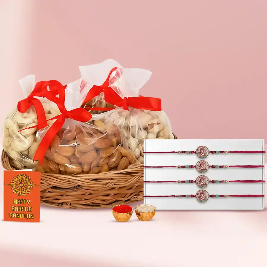 Lovely Gift of 4 Ganesh Rakhis with Exotic Dry Fruits Basket