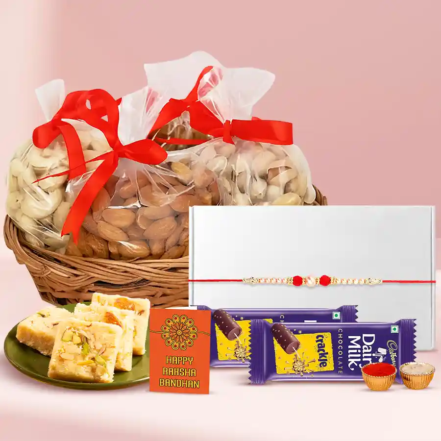 Dazzling Pearl Rakhi with Assorted Dry Fruits Chocolates n Sweets