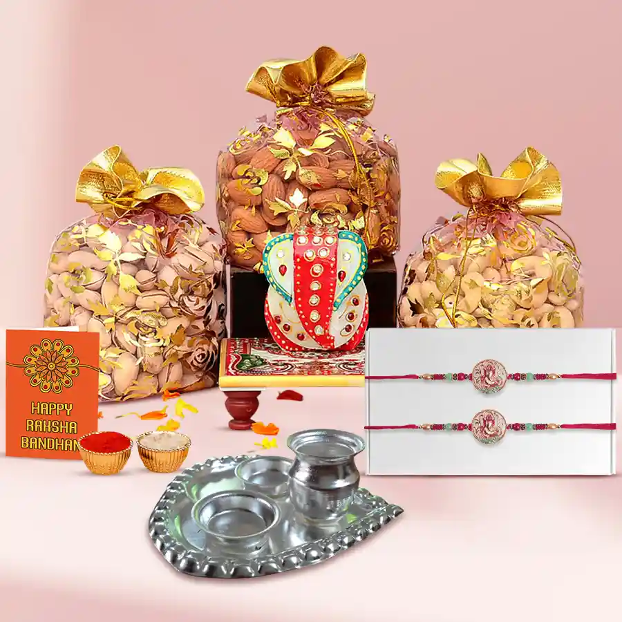 Appealing Stone Rakhis with Dry Fruits Marble Ganesha n Paan Shaped Thali