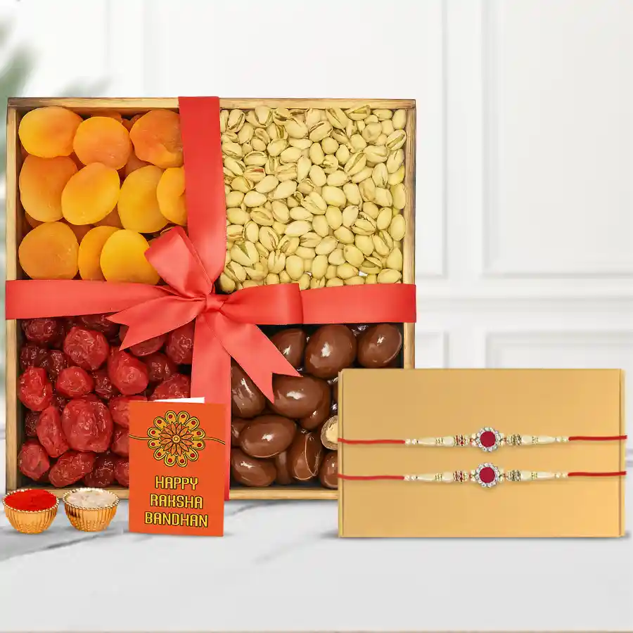 Charming Rakhi Pair with Dried Fruit Tray Rakhi Card N Roli Tika