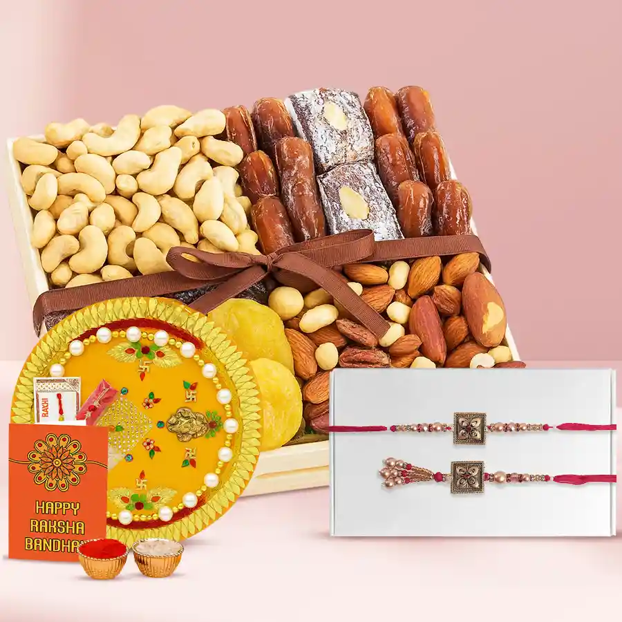 Ecstatic Lumba Rakhi Set with Dry Fruits Tray N Shree Rakhi Thali