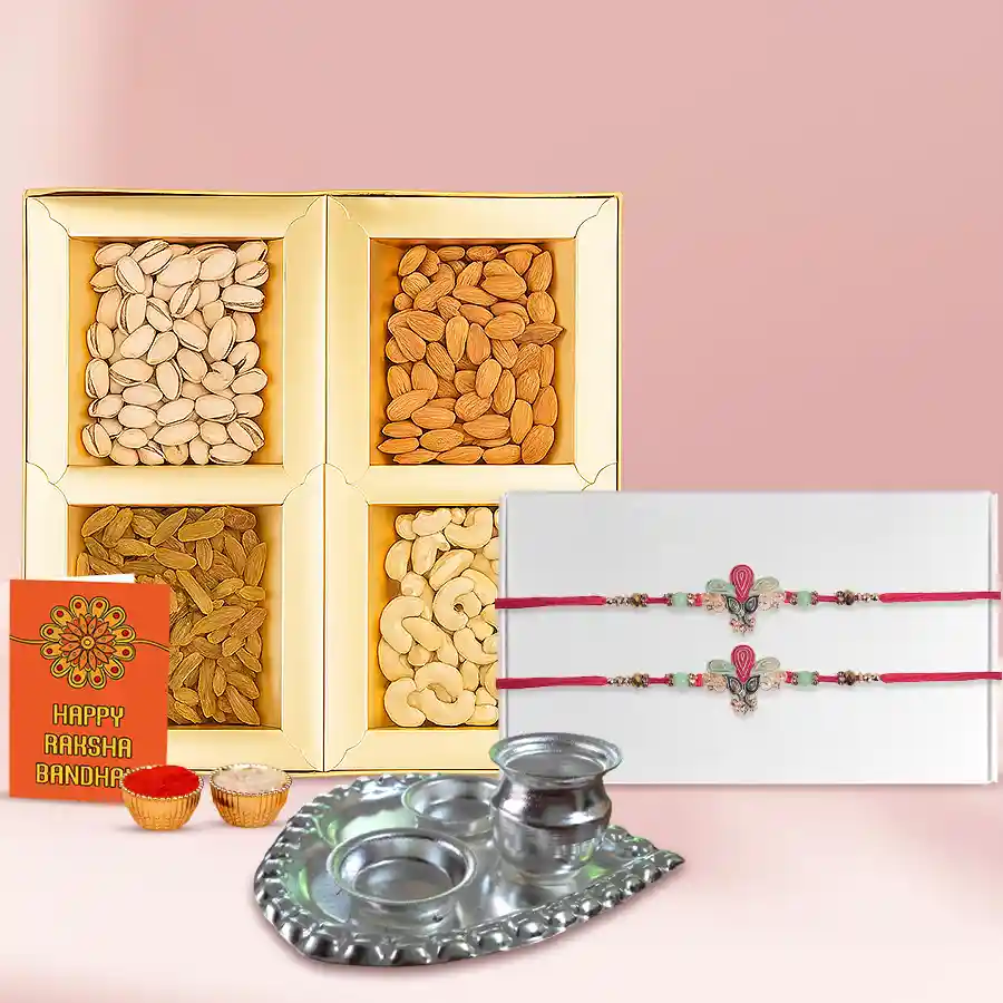 Beautiful Rakhi Set with Dry Fruits n Silver Plated Paan Shape Thali