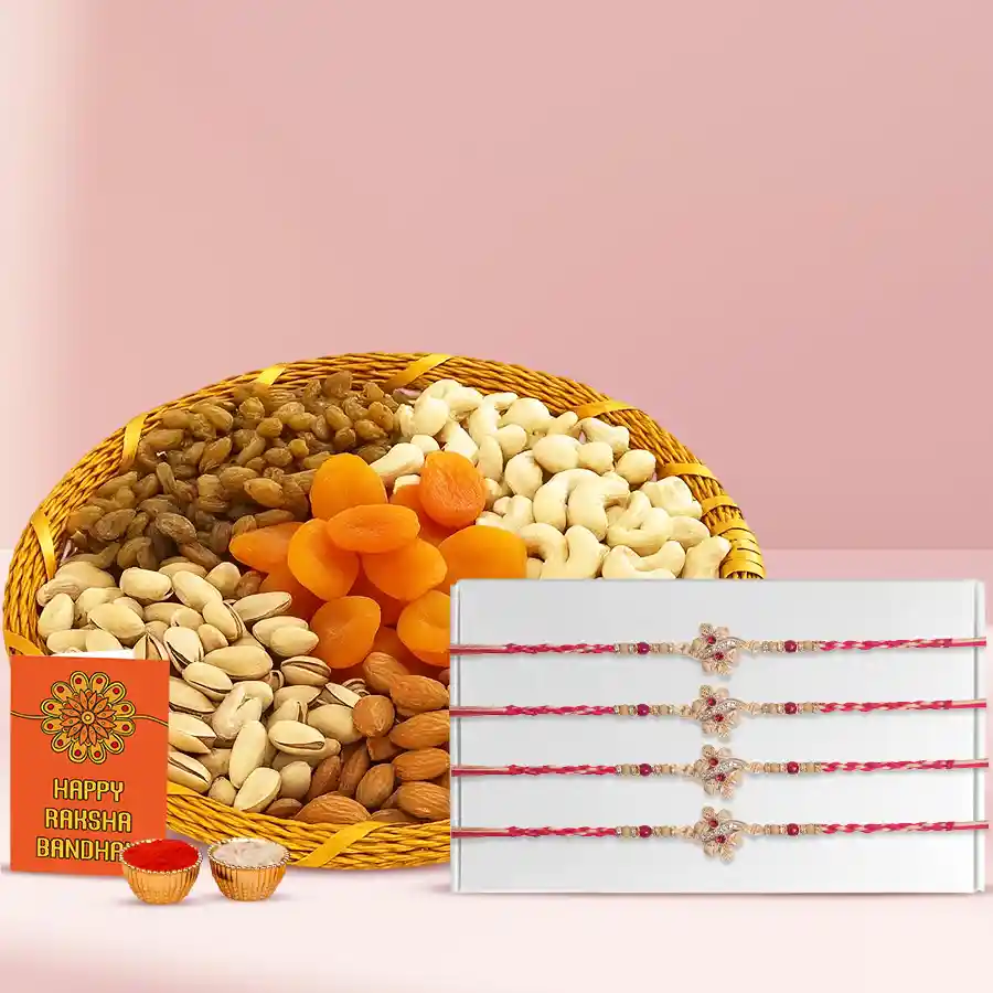 Glamorous Set of 4 Rakhis with Dry Fruit Basket Roli Teeka n Card