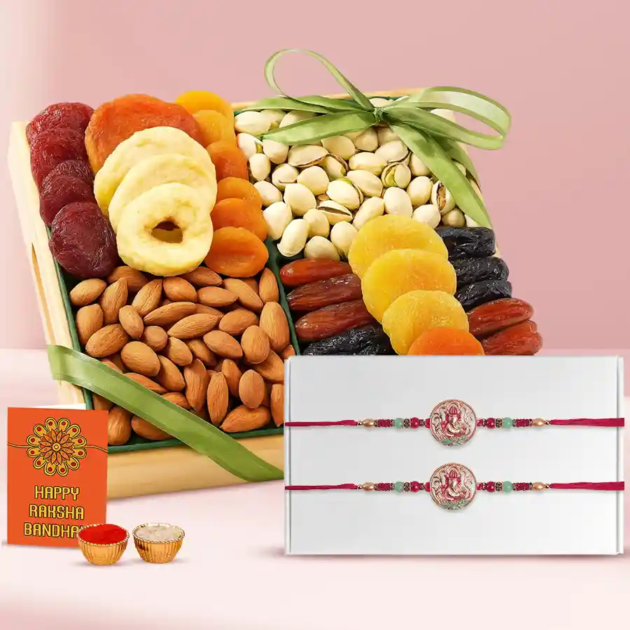 Ethnic Ganesh Rakhi Set of 2 with Assorted Dry Fruits in Wooden Tray