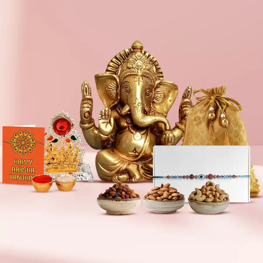 Beautiful Evils Eye Rakhi with Dry Fruits Potli Vinayak Murti n Mandap