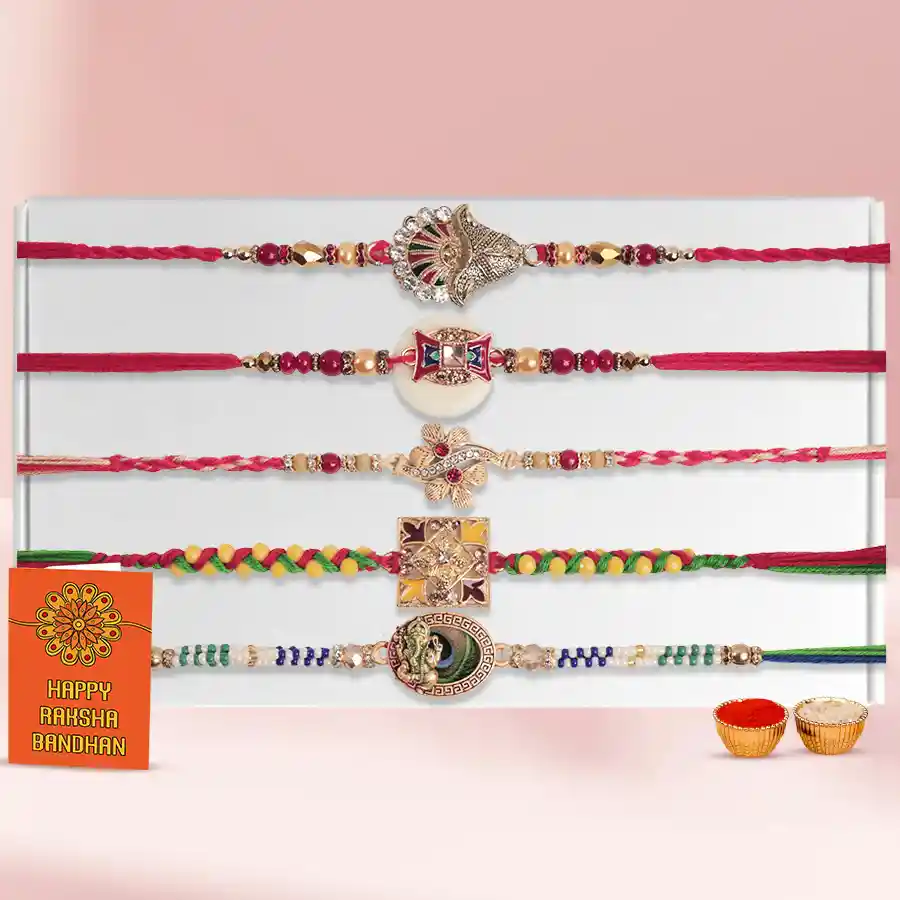 Set of 5 Pcs Designer Rakhis with Free Roli Tilak and Chawal