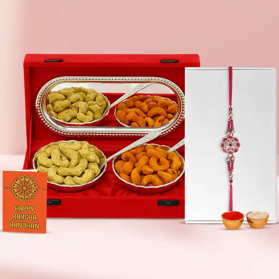 Graceful Stone Rakhi with Cashews in Silver Plated Bowl n Tray