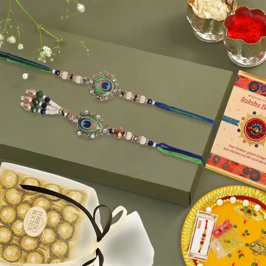 Classy Bhaiya Bhabhi Rakhi with Ferrero Rocher n Puja Thali