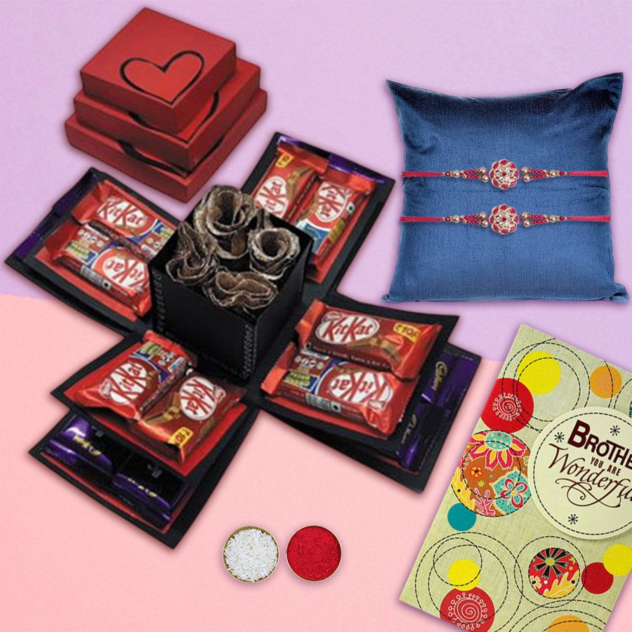 Elegant Pair of Stone Rakhi with 3 Layer Chocolate Explosion Box