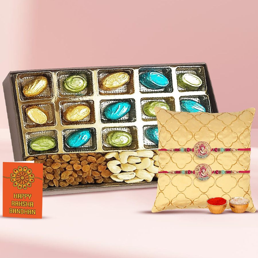 Pious Ganesh Rakhi Set with Homemade Chocolates n Dry Fruits Box