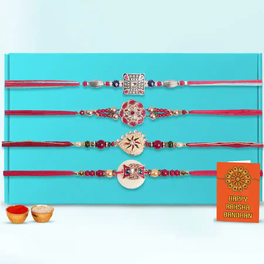 4 Rakhi Set with Roli and Chawal and your Message in a Card
