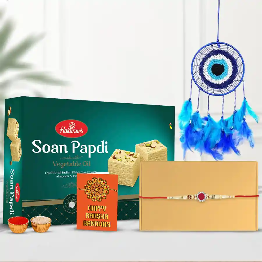 Gorgeous Stone Rakhi with Tasty Soan Papdi N Feng Shui Showpiece