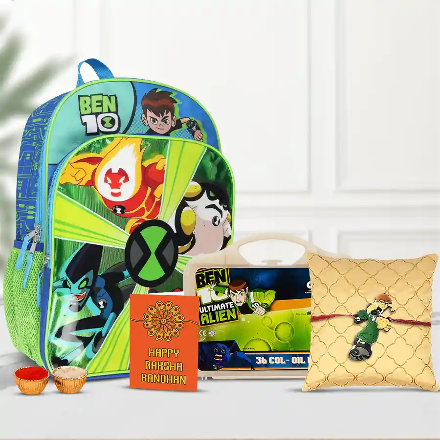 Ravishing Ben 10 Kids Rakhi with School Bag N Colouring Set