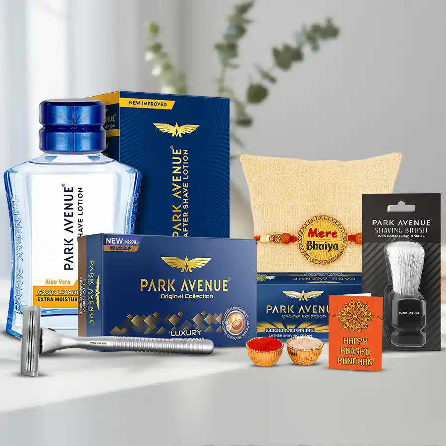 Dazzling Mera Bhaiya Rakhi with Park Avenue Mens Essential Kit