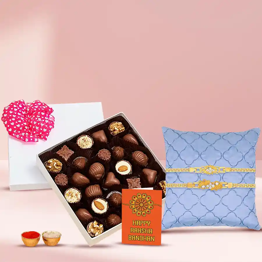 Fancy Golden Bracelet Rakhi with Handmade Rum filled Chocolate Box