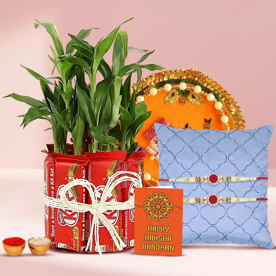 Classy Stone Rakhi with Bamboo Plant n Kitkat Arrangement n Thali