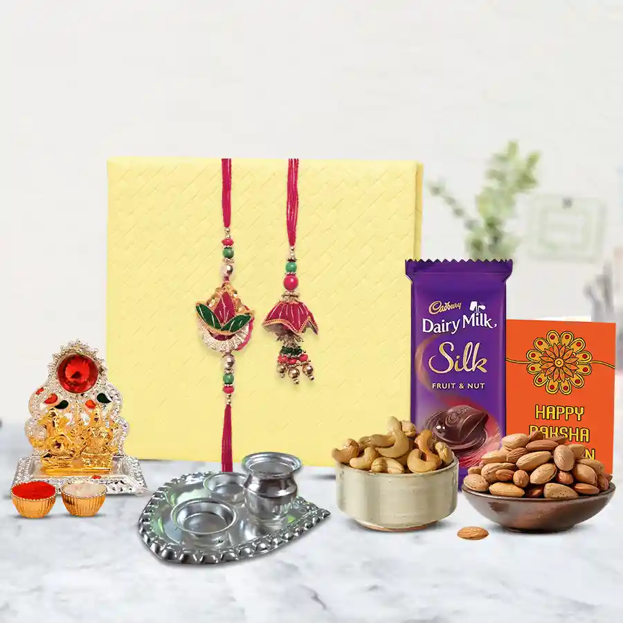 Pious Lumba Rakhi Set with Pooja Items Dry Fruits n Cadbury Silk