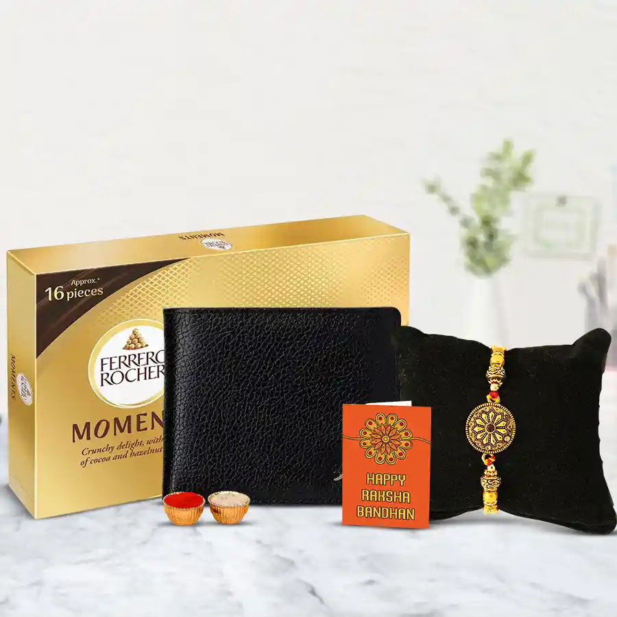 Trendy Gold Plated Rakhi with Black Leather Wallet n Ferrero Rocher