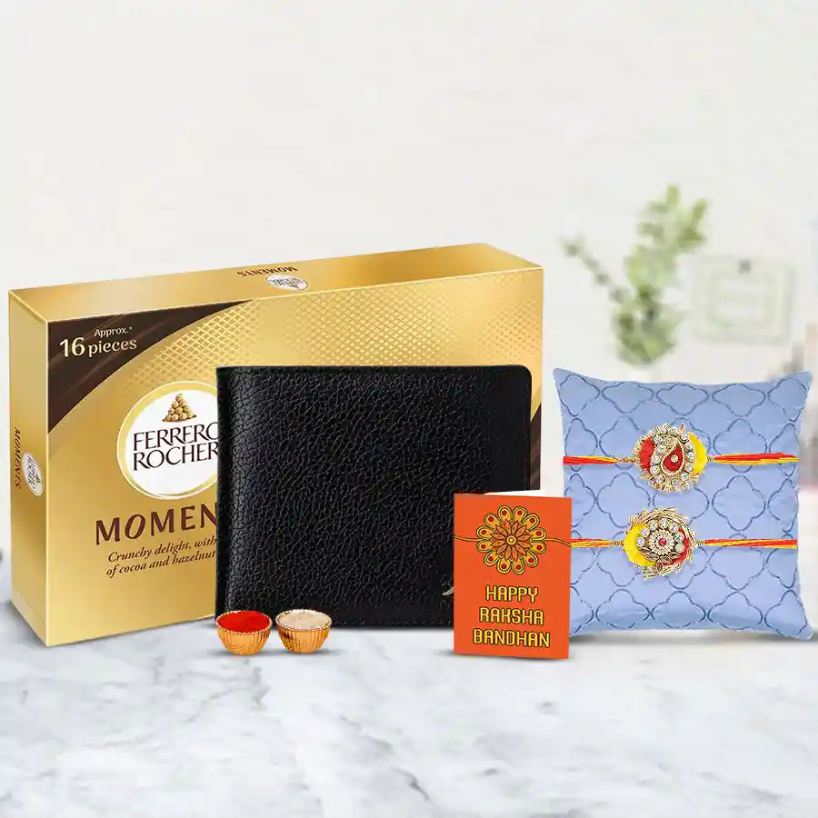 Ethnic Zardosi Rakhi Pair with Black Leather Wallet n Ferrero Rocher